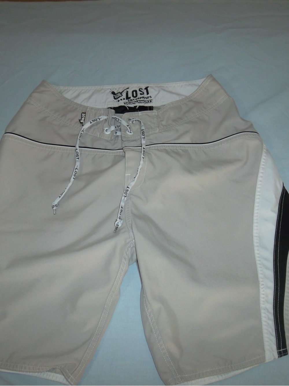 Vintage Y2K Lost Men's Beige and White Board Shorts with Black Trim